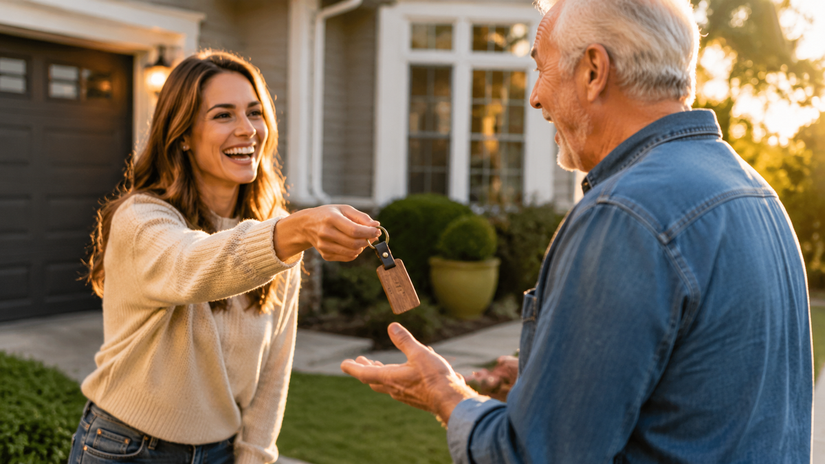 A woman hands an engraved walnut and leather keychain to a smiling older man in front of a house at golden hour