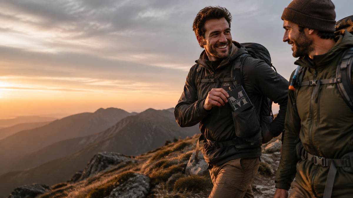 Two hikers sharing an engraved stainless steel flask on a mountain ridge at sunset
