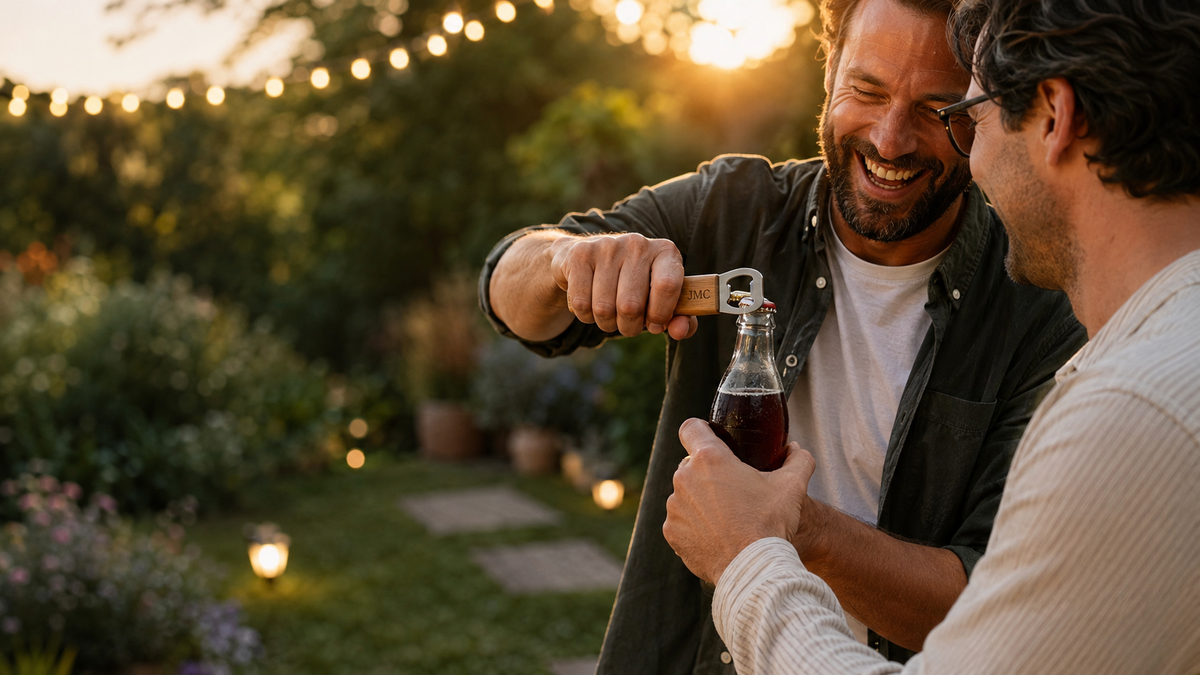 Friends opening a bottle with an engraved wood-handled opener at an evening garden party
